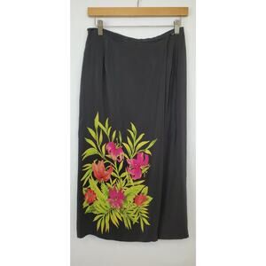 Nygard Skirt Womens 8 Petite Silk Floral Wrap Midi Tropical Motif Black